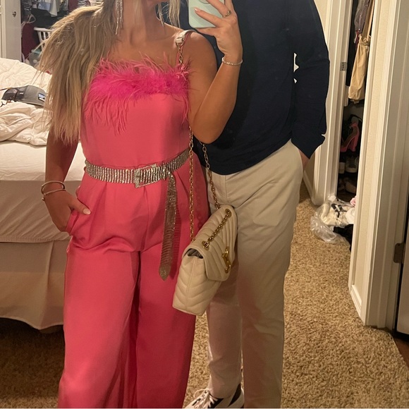 Pink feather trim jumpsuit - Picture 3 of 8